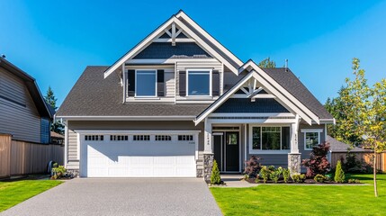 Modern Suburban Home with White Garage Door and Green Lawn