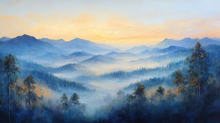 Obraz premium Misty Mountain Sunrise Landscape Painting