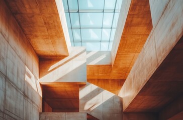 Obraz premium Modern Architectural Design with Angular Concrete Structures and Glass Skylight Creating Play of Light and Shadow in Contemporary Space