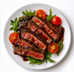 Juicy slices of tender steak served on a white plate with a rich, dark sauce and fresh, ripe tomatoes.