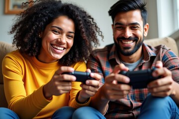 Joyful Couple Engaged in Competitive Gaming at Home, Sharing Laughter and Connection While Playing Video Games Together on Couch