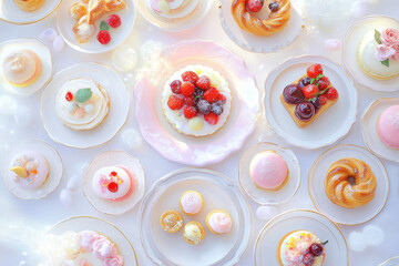 Top-down view of a professionally styled dessert table displaying a variety of exquisite desserts