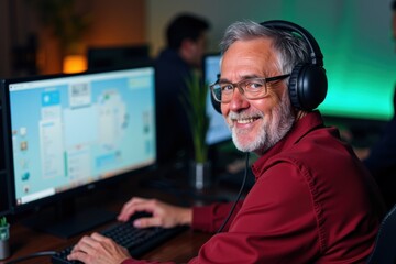 Senior Man Engaged in Gaming and Technology, Wearing Headphones While Smiling at Computer During Online Session in Modern Work Environment