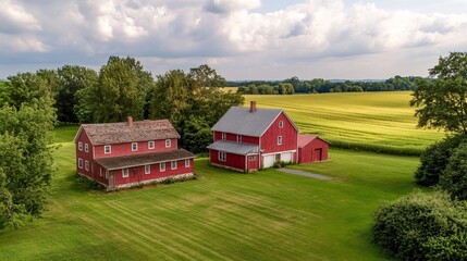 Red Barn and Farm House on a Sunny Day