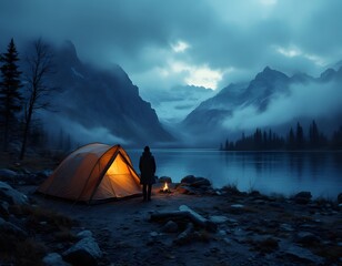 Solo Camper at Twilight Mountain Lake