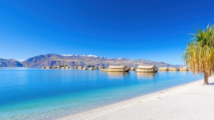 Obraz premium Tranquil Lake with Boats and Mountains