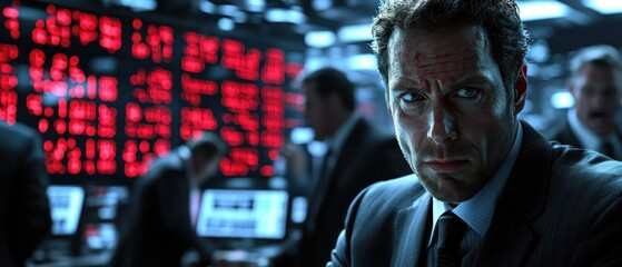 Obraz premium Intense businessman analyzing market data in a high-tech control room setting