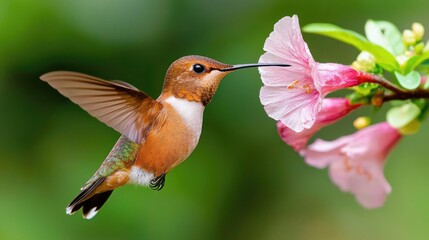 Fototapeta premium Hummingbird feeding on pink flower, garden background, nature photography, wildlife