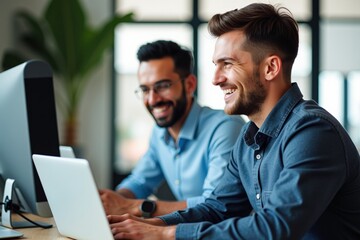 Obraz premium Two Smiling Professionals Collaborating in Modern Office Environment, Working on Laptops with Fresh Plant Background and Bright Natural Lighting
