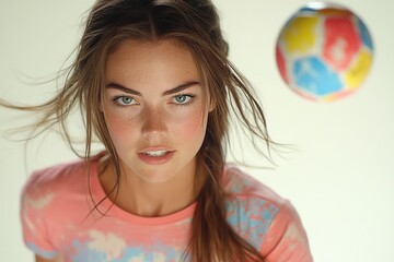 A young woman with a focused expression, catching a colorful ball in a dynamic pose.