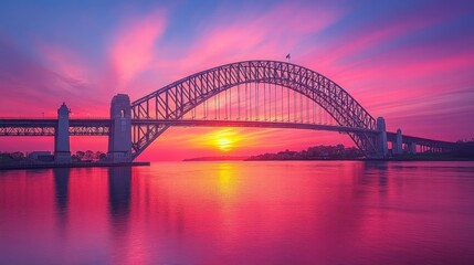 Fototapeta premium A vibrant sunset over a bridge, reflecting colorful hues on the water below.