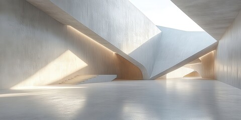 Fototapeta premium Modern Architectural Interior Featuring Unique Angled Surfaces and Soft Natural Light, Creating a Spacious and Minimalist Ambiance for Contemporary Design Inspiration