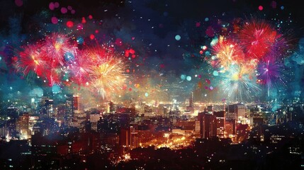 colorful cityscape at night with illuminated buildings and dazzling fireworks lighting up the sky