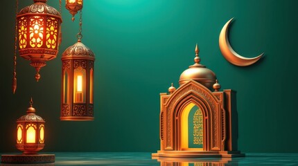 Obraz premium Ramadan Kareem A luxurious and vibrant 3D render. Deep teal futuristic aesthetic features an ornate Arabic lantern, a metallic moon, a mosque portal, and subtle space elements.