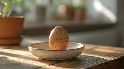 Egg Balancing on a Plate Kitchen Space Food Photography Cozy Atmosphere Close-Up View