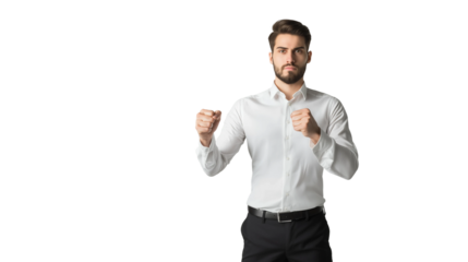 Businessman with raised fist,PNG,transparent background,successful and confident,copy space.