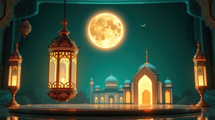 Fototapeta premium Ramadan Kareem A luxurious and vibrant 3D render. Deep teal futuristic aesthetic features an ornate Arabic lantern, a metallic moon, a mosque portal, and subtle space elements.