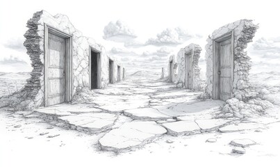 Ruined buildings, doors, cracked path, desolate landscape.