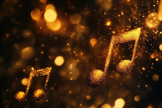 Golden music notes fading into a blurred bokeh effect, ideal for festive party decor or musical themes.