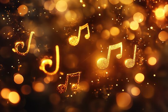 Golden music notes fading into a blurred bokeh effect, ideal for festive party decor or musical themes.