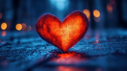 Fototapeta premium Glowing heart on frosty ground, blurred lights in the background, winter night