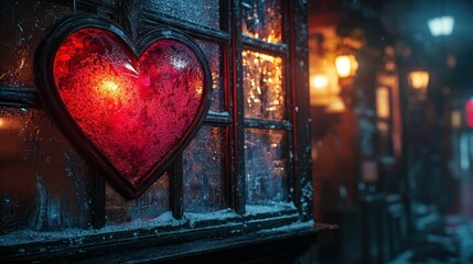 Glowing heart on snowy window, cozy cafe background, winter night