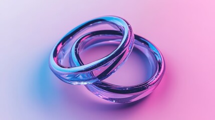 Naklejka premium Glass rings intersect, pink-blue background, studio shot, wedding concept