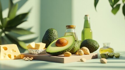 A creative display of ketogenic diet essentials, featuring high-fat, low-carb foods such as avocados