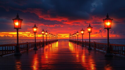 Fototapeta premium Pier sunset, ocean, fiery sky, lamps, calm sea