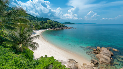 Fototapeta premium Tropical Sandy Beach with Soft Blue Ocean Waves and Clear Water