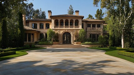 Luxurious Mediterranean Mansion with Stone Driveway and Lush Landscaping