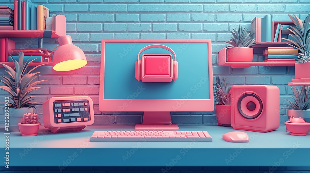 Poster pink and blue computer setup with headphones icon on screen.