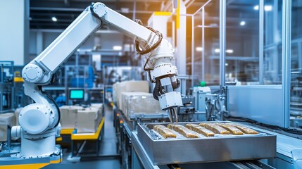 A robot performing automated food packaging in a modern food processing plant with clean, organized packaging lines and advanced packaging machinery, Food packaging tech style