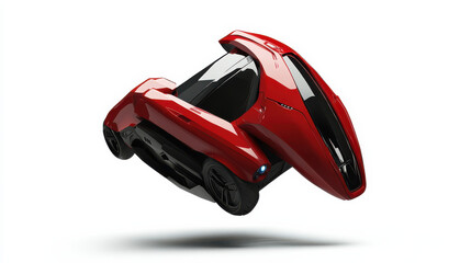 A minimalist cut-out of a futuristic flying car, vibrant red metallic body, hovering in an angled view