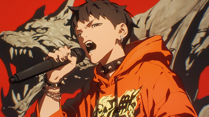 Young singer passionately performing on stage with a fierce dragon mural in the background