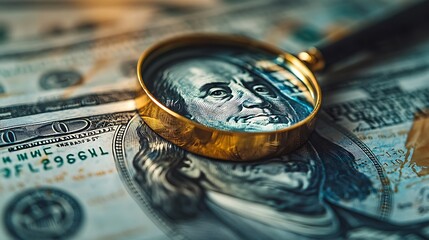 Magnifying glass on US dollar bills.  Financial analysis concept
