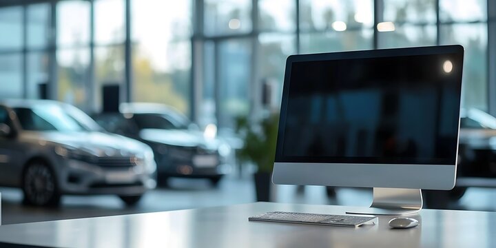  An unoccupied computer monitor sits atop a car showroom interio background 