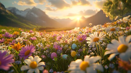 Fototapeta premium Spring Sunrise Over Flowering Meadow Nature Scene Vibrant Landscape