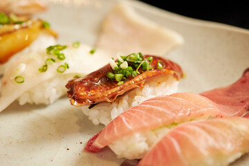 Different types of sushi on a plate