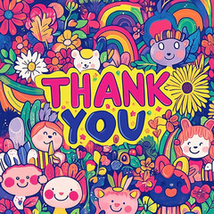 Obraz premium Colorful Thank You Graphic with Whimsical Characters and Floral Elements