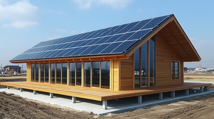 Obraz premium Modern solar-powered wooden house in rural landscape