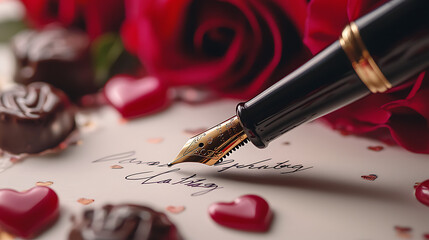 Fototapeta premium A pen is writing on a piece of paper with a heart and chocolate on it