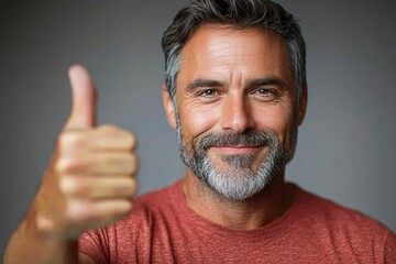 Naklejka premium A smiling man giving a thumbs-up gesture, exuding positivity and confidence.