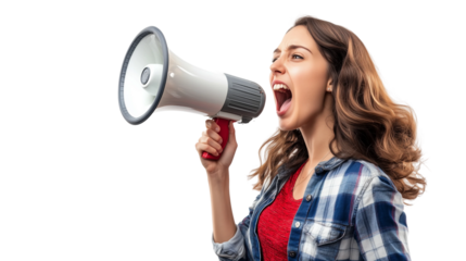 Man,woman with megaphone,screams,PNG,transparent background,social media marketing,advertising.