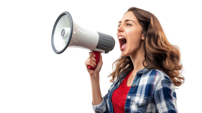 Man,woman with megaphone,screams,PNG,transparent background,social media marketing,advertising.