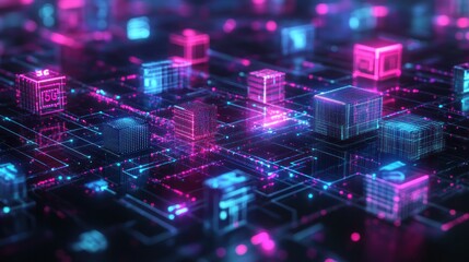 Fototapeta premium Futuristic Digital Landscape with Glowing Circuits and Data Blocks Representing Technology