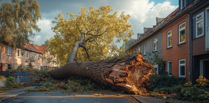 Large tree fallen onto the roof of an apartment during a storm