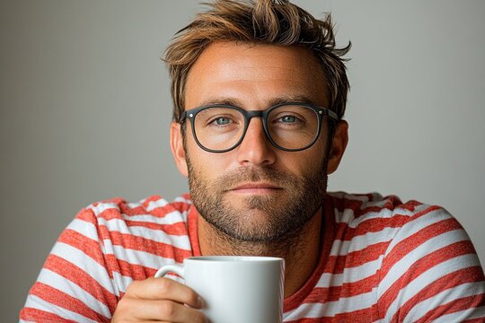 A man in a striped shirt holds a white mug, looking thoughtfully at the camera.