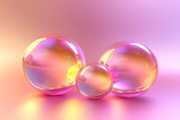 Iridescent spheres on pink background, abstract art, 3D rendering, colorful bubbles, glossy spheres, vibrant colors, 