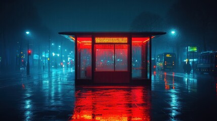 Rainy Night in the City: Neon Lights Reflecting on Wet Streets